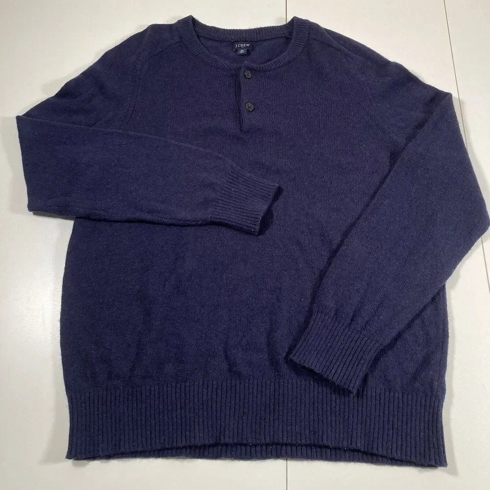 J Crew Henley Sweater XL Navy Blue Pullover Lambswool‎ Blend Crewneck Classic
